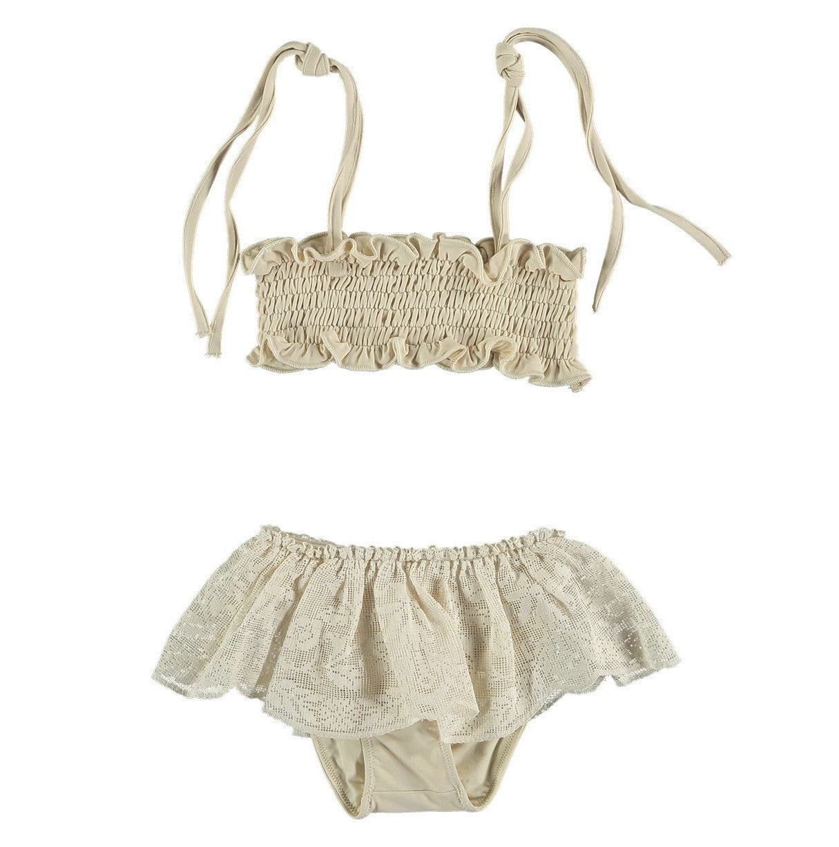 Bikini lycra con volante de encaje de bolillo- beige - Miss Coppelia