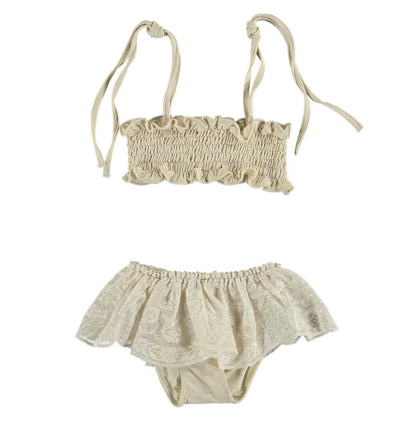 Bikini lycra con volante de encaje de bolillo- beige - Miss Coppelia