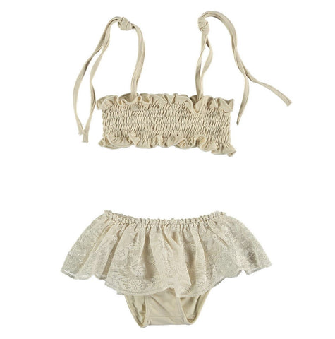 Bikini lycra con volante de encaje de bolillo- beige - Miss Coppelia